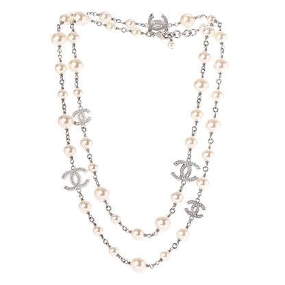 Chanel Crystal Pearl CC Long Necklace Silver 3 of 6