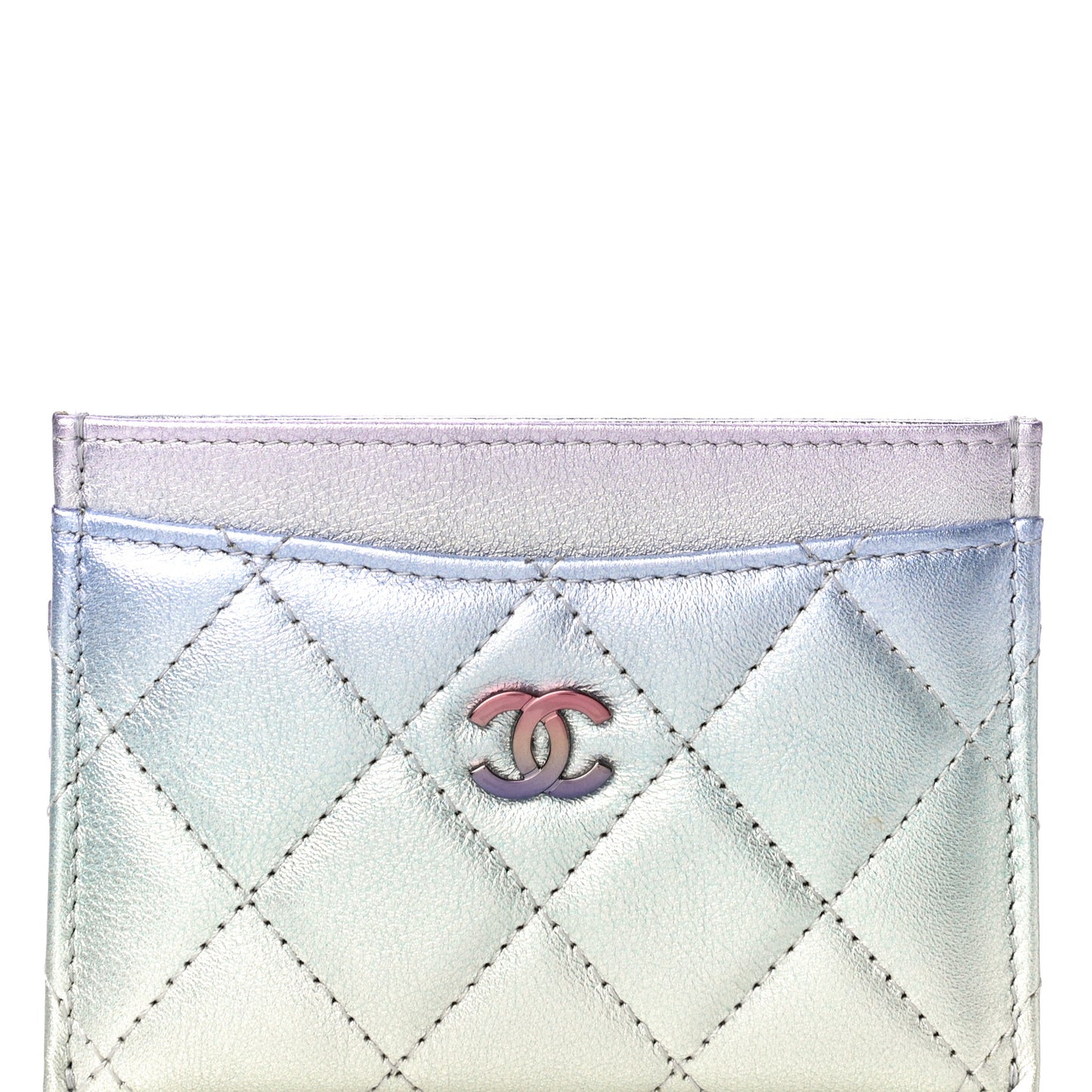 Gradient Metallic Calfskin Quilted Card Holder Silver Blue Yellow Purple