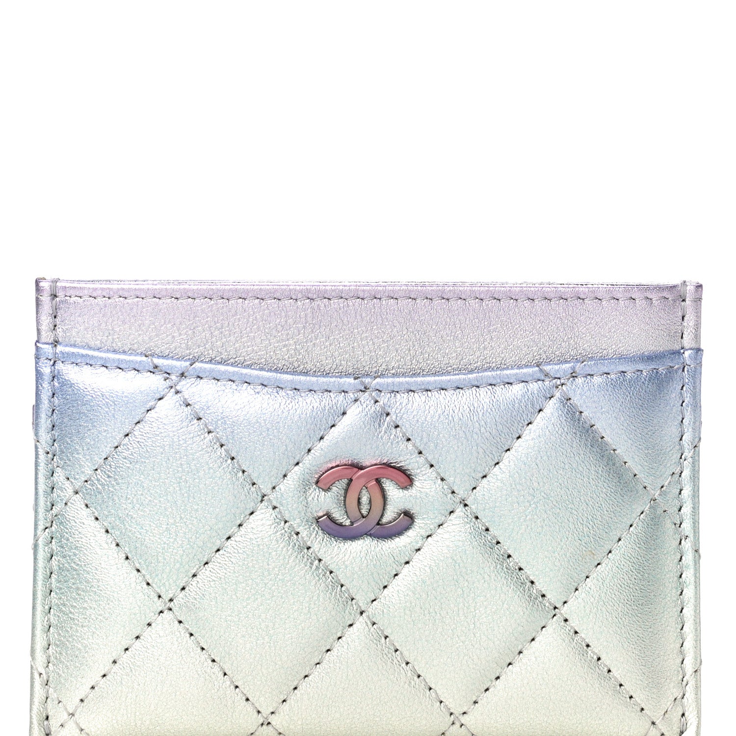 Chanel Gradient Metallic Calfskin Quilted Card Holder Silver Blue Yellow Purple 9 of 12