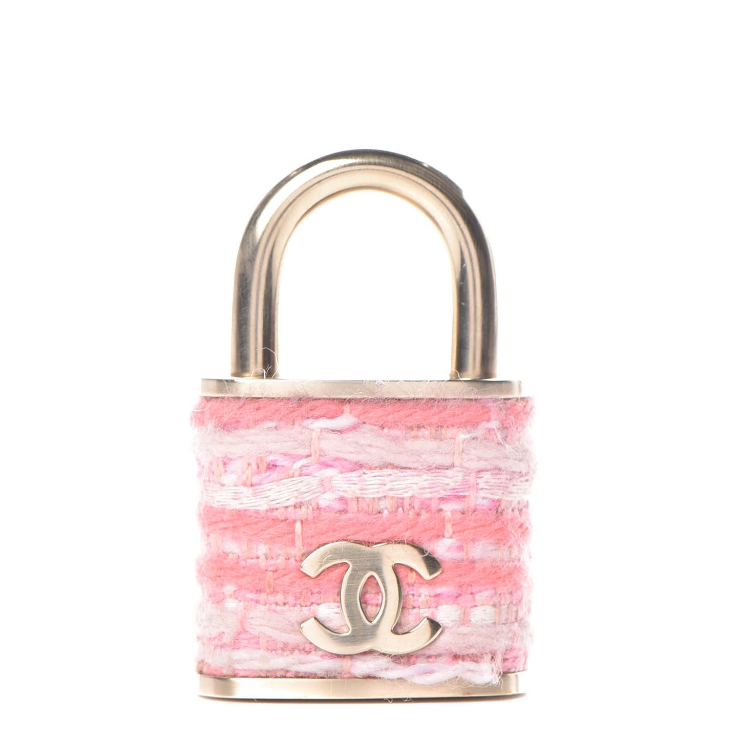 Tweed CC Oversized Padlock Pin Brooch Pink Gold