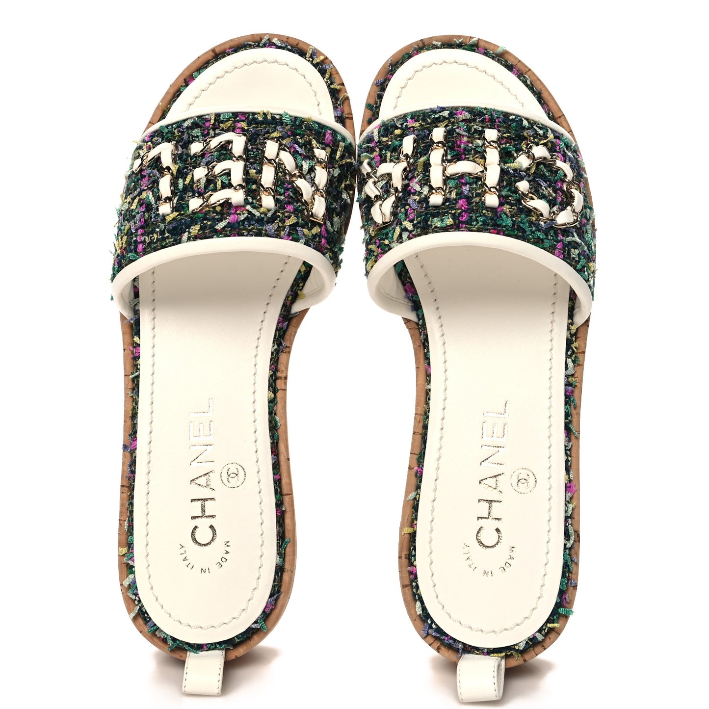Tweed Cork CC Chain Mule Sandal 36.5 Green Multicolor