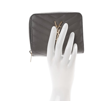 Saint Laurent Grain De Poudre Matelasse Chevron Monogram Compact Zip Around Wallet Fog 2 of 9