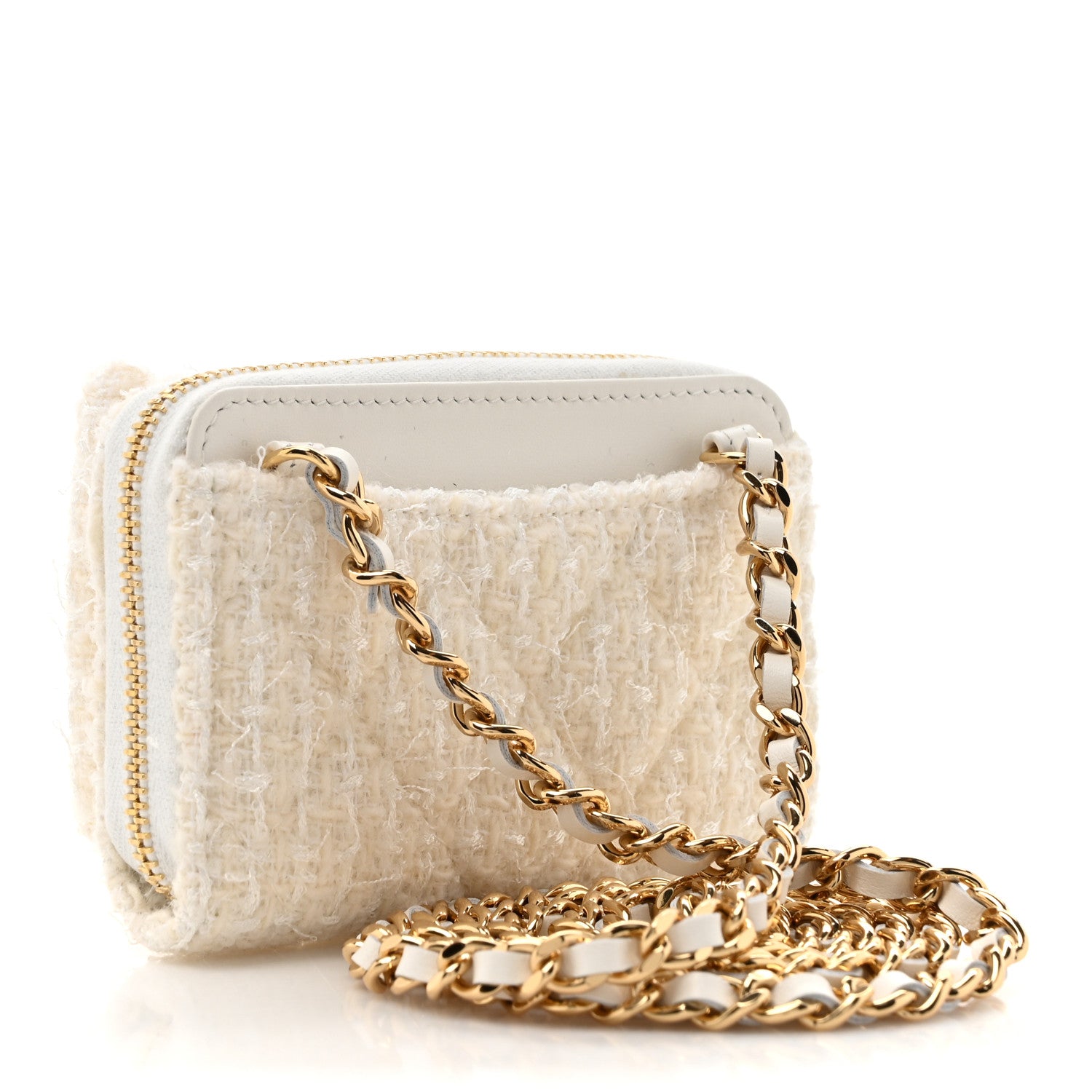 Chanel Tweed Quilted Bow Flap Card Holder On Chain White 3 of 12