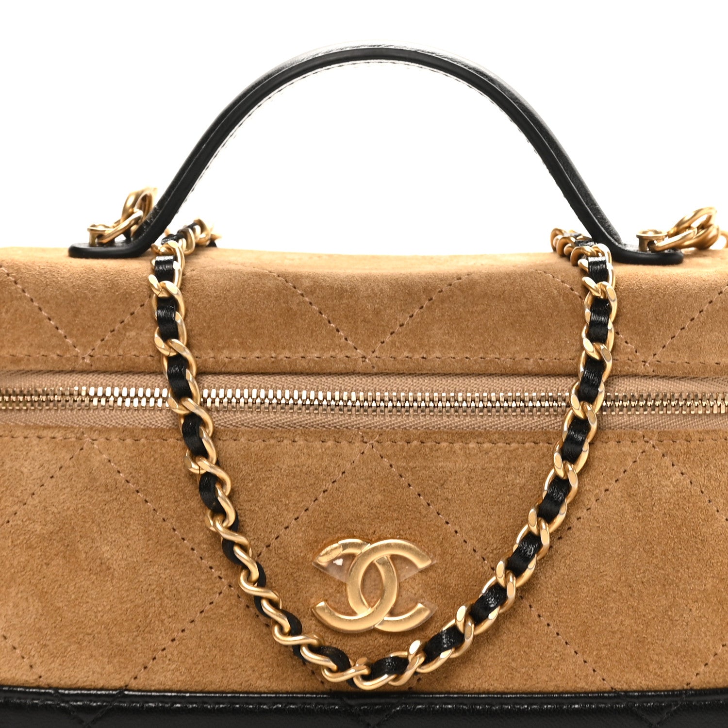 Chanel Suede Calfskin Shiny Lambskin Stitched Top Handle Slim Vanity Case With Chain Beige Black 8 of 11