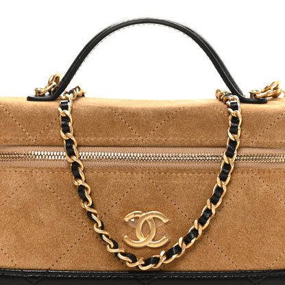 Chanel Suede Calfskin Shiny Lambskin Stitched Top Handle Slim Vanity Case With Chain Beige Black 8 of 11