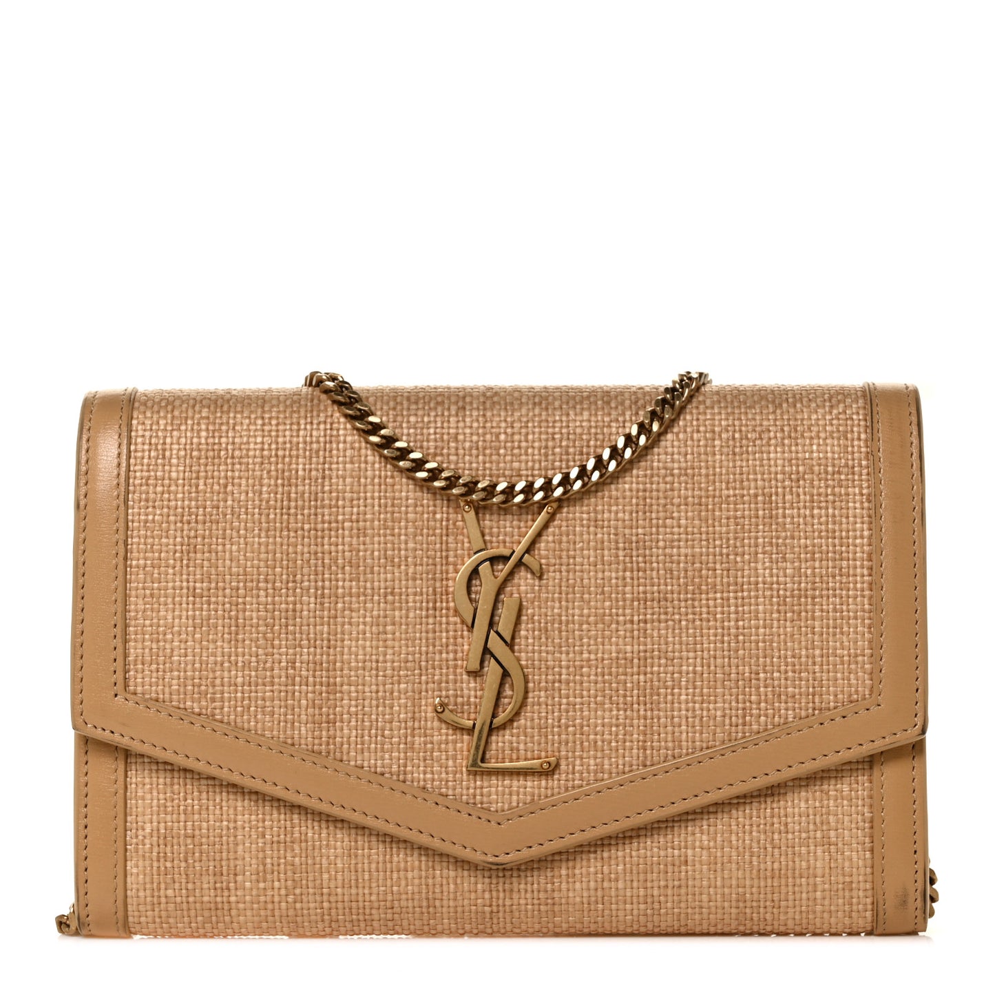 Micro Raffia Monogram Uptown Chain Wallet Natural Hay Blush