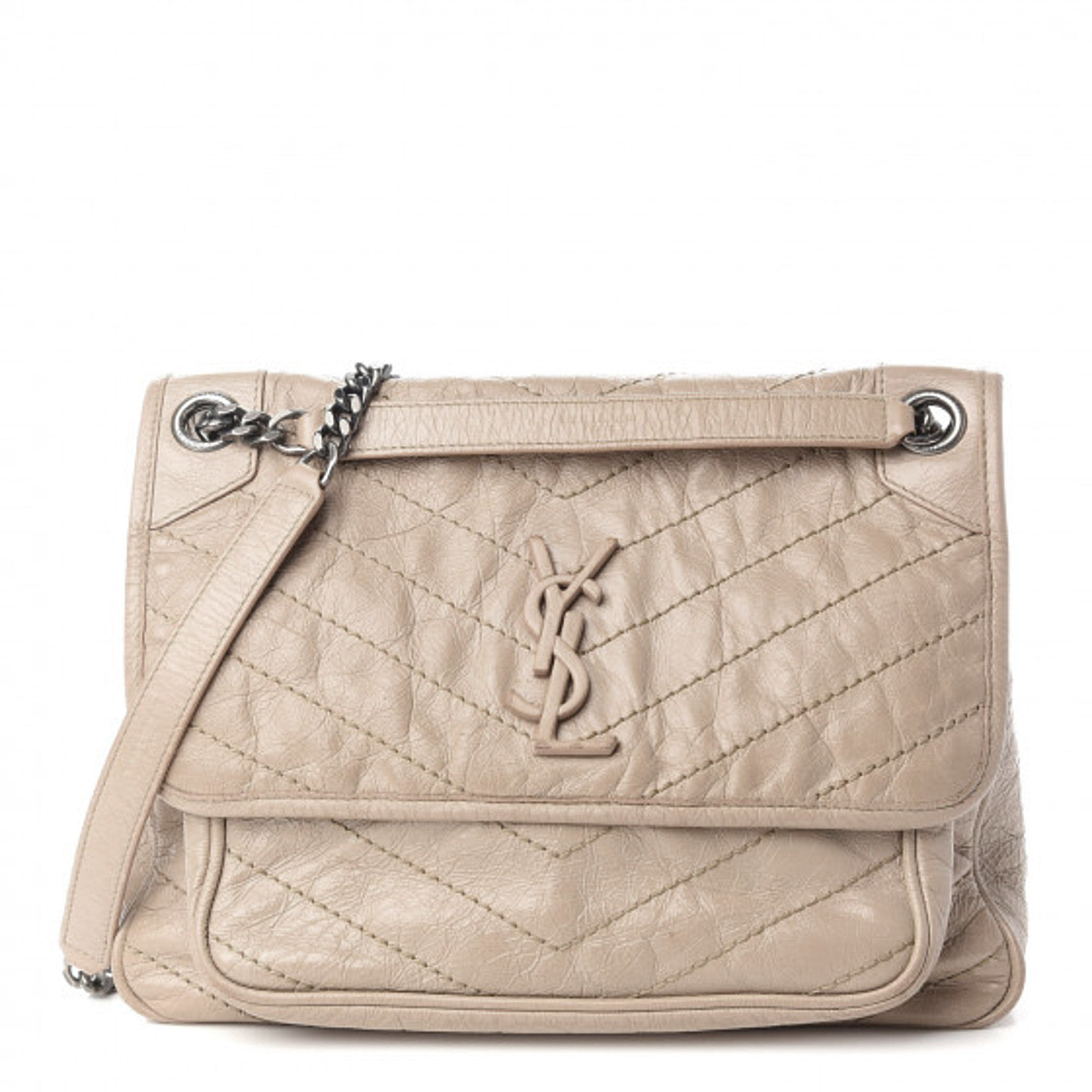 Saint Laurent Crinkled Calfskin Matelasse Monogram Medium Niki Chain Satchel Light Taupe 1 of 9