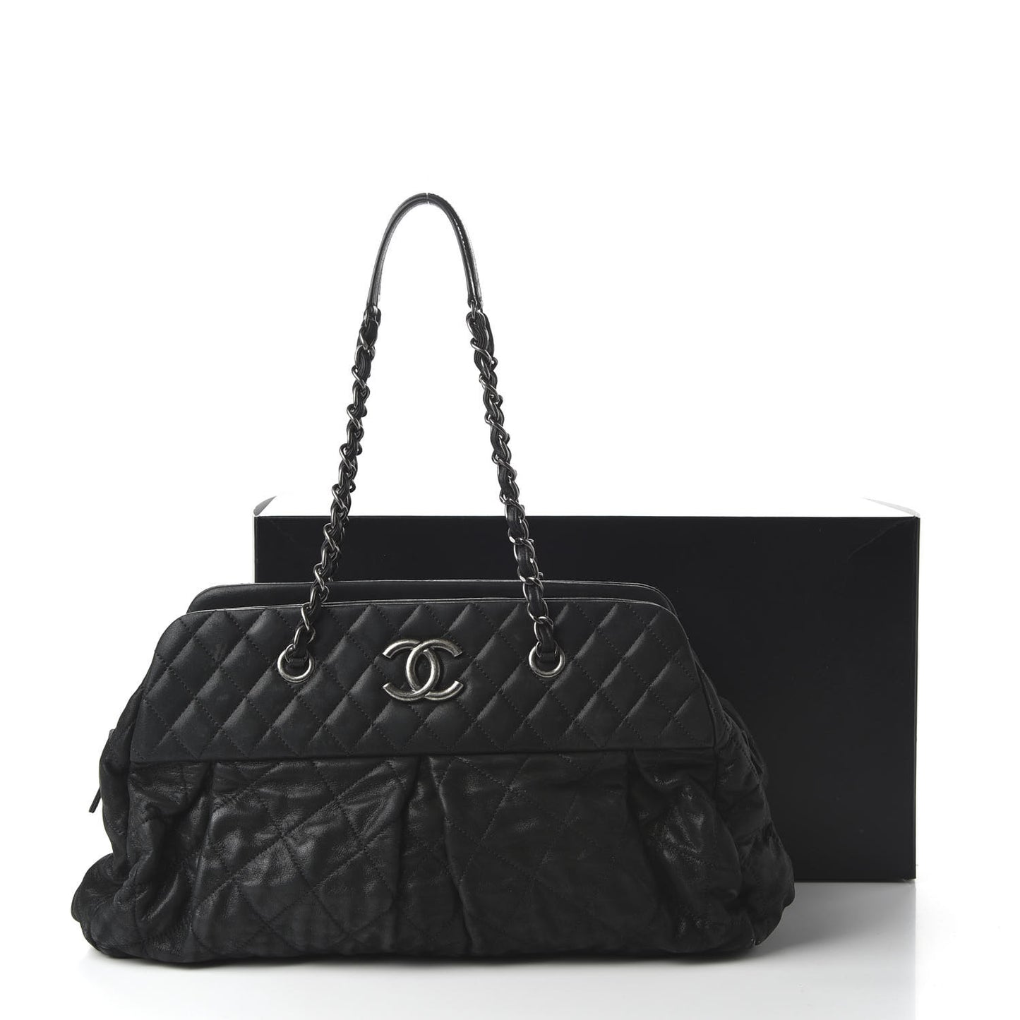 Iridescent Calfskin Chic Quilt Bowling Bag Black