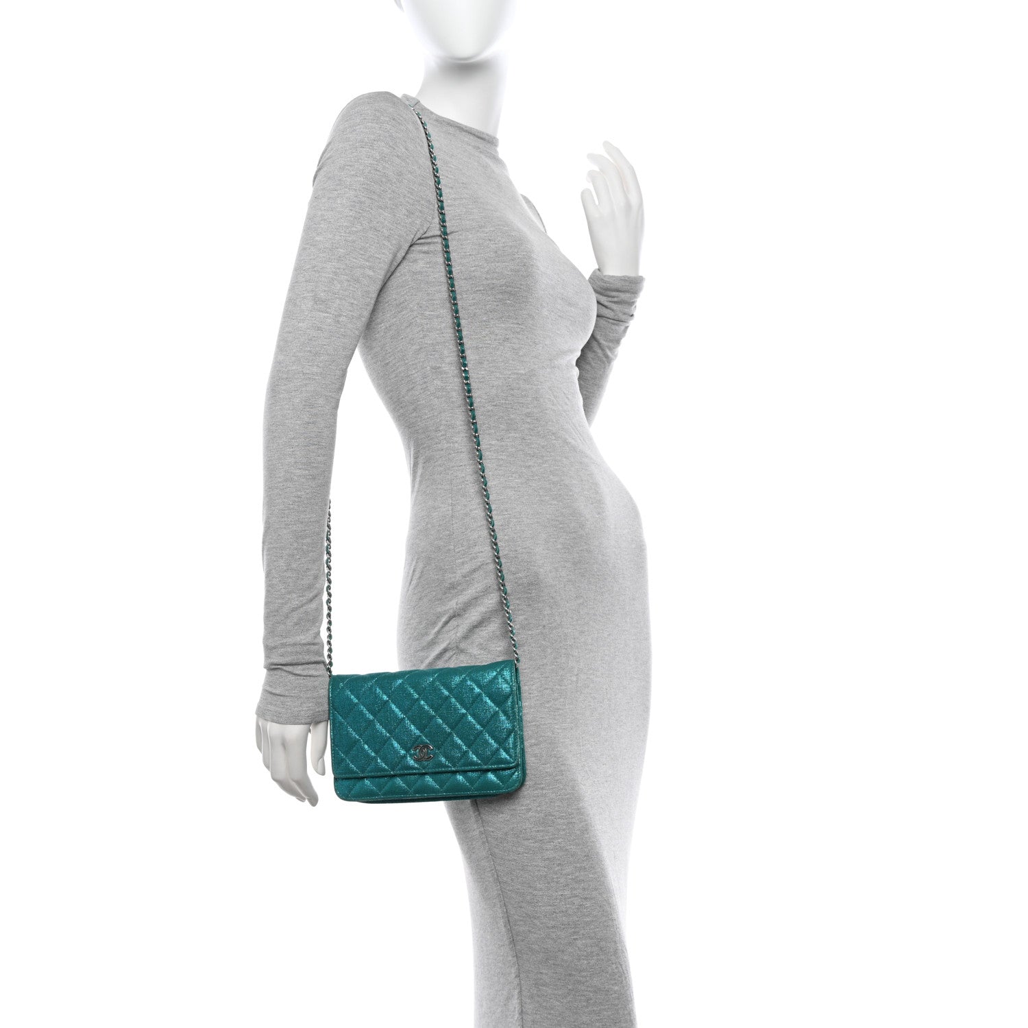 Chanel Metallic Iridescent Calfskin Wallet On Chain WOC Turquoise 2 of 13