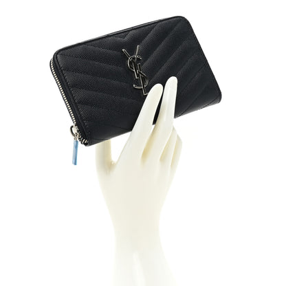 Saint Laurent Grain De Poudre Matelasse Chevron Monogram Small Zip Around Wallet Deep Marine 2 of 11