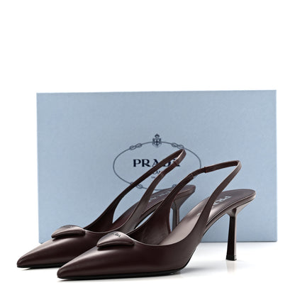 Prada Spazzolato Padded Triangle Logo Pointed Toe Slingback Pumps 38 Burgundy 9 of 9