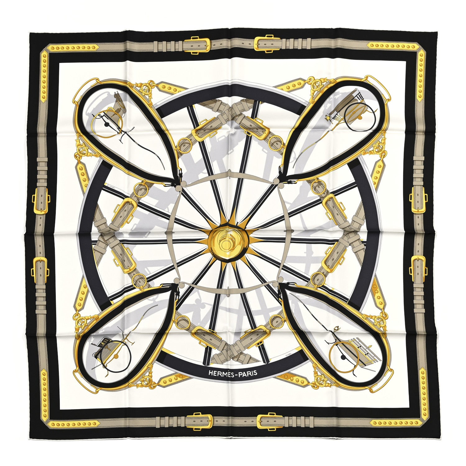 Hermes Silk En Roue Libre Scarf 90 White Black Gold 1 of 5