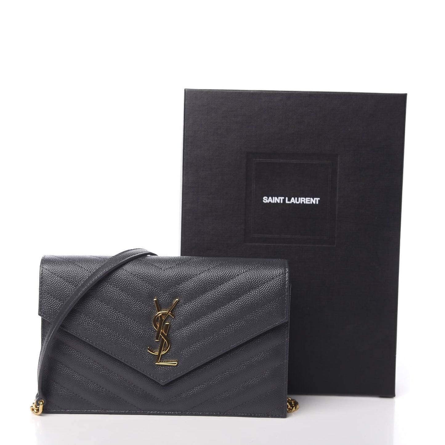 Grain De Poudre Matelasse Chevron Monogram Envelope Chain Wallet Dark Smog