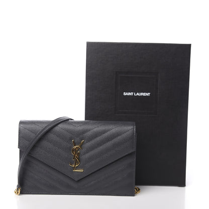 Saint Laurent Grain De Poudre Matelasse Chevron Monogram Envelope Chain Wallet Dark Smog 12 of 12