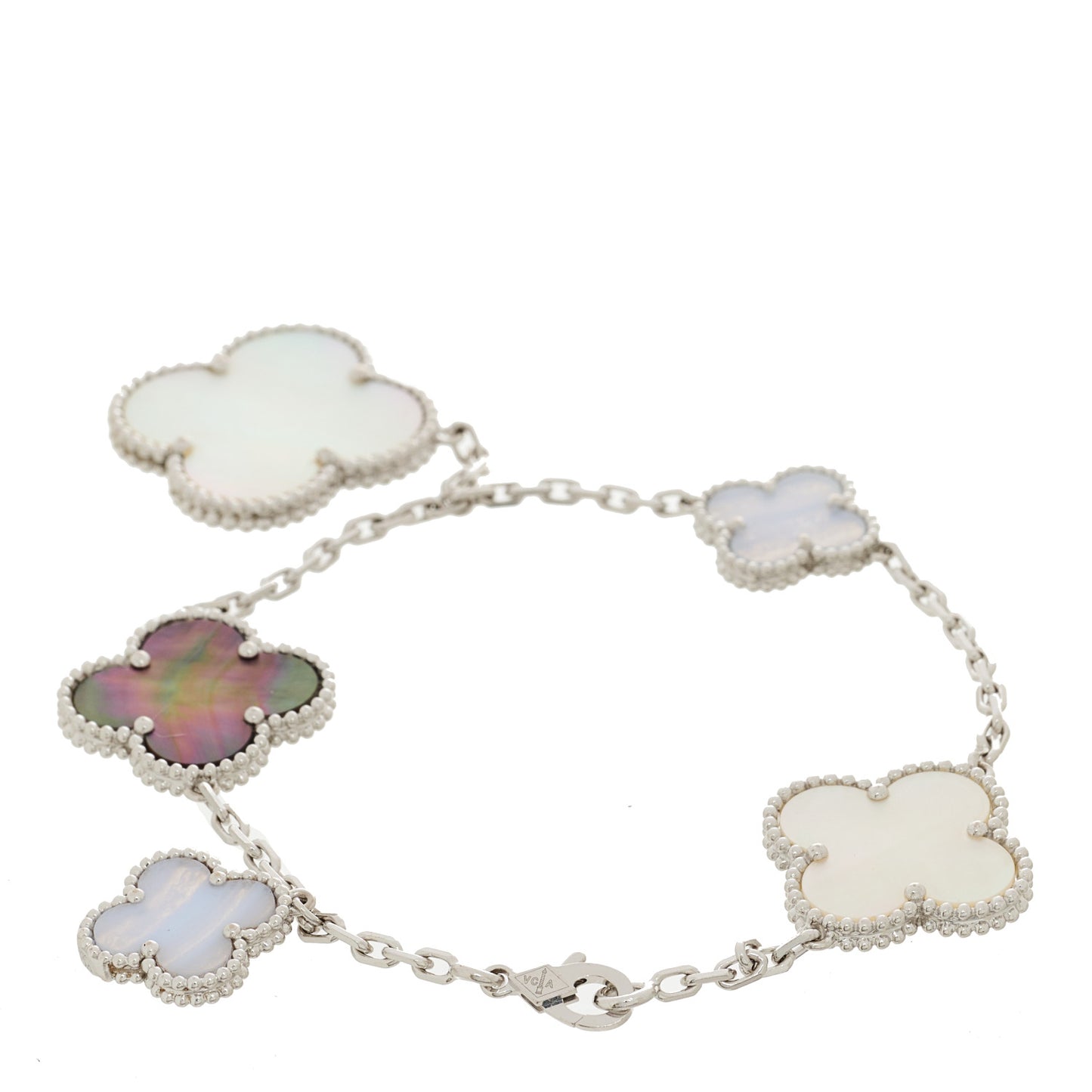 18K White Gold Chalcedony Mother of Pearl 5 Motifs Magic Alhambra Bracelet