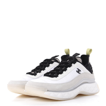 Chanel Nylon Calfskin Suede CC Sneakers 38.5 White Grey Yellow 3 of 10