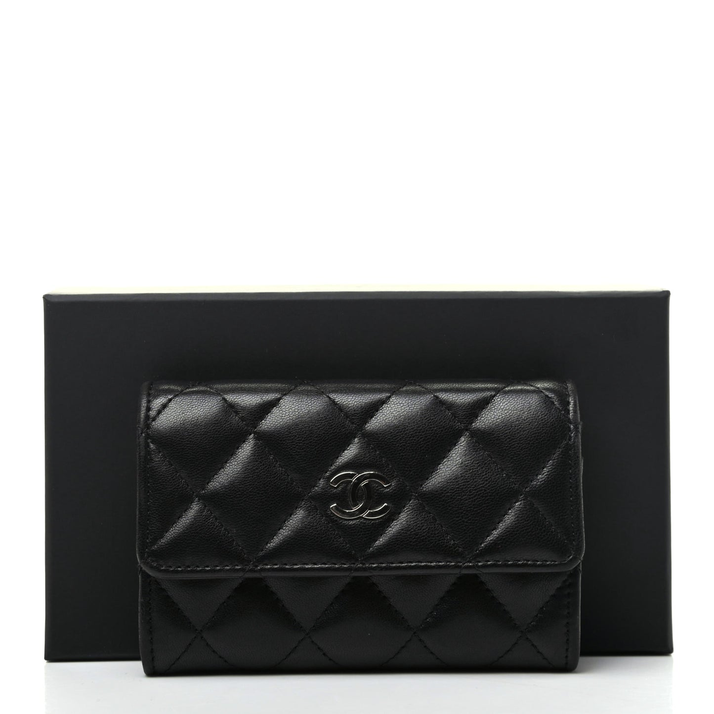 Lambskin Quilted Flap Card Holder Black