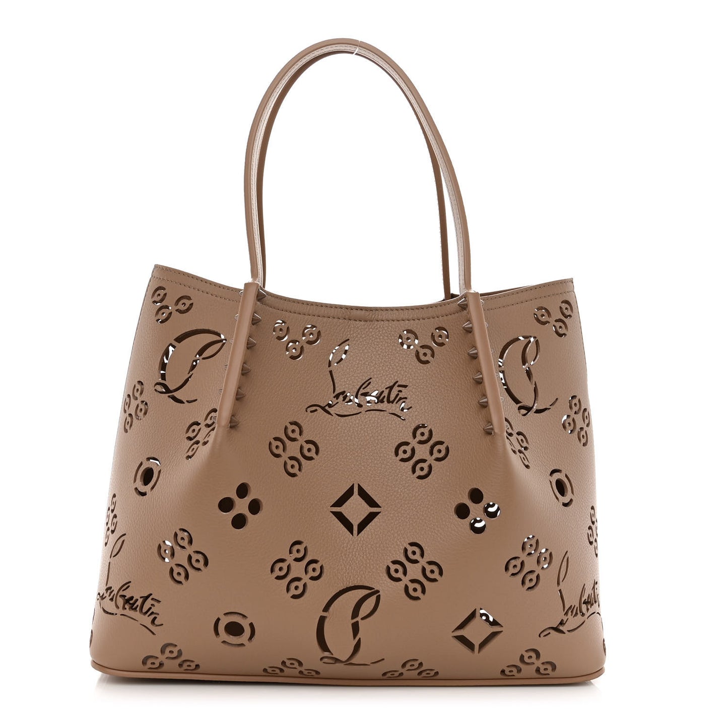 Calfskin Perforated Loubinthesky Small Cabarock Spikes Tote Beige