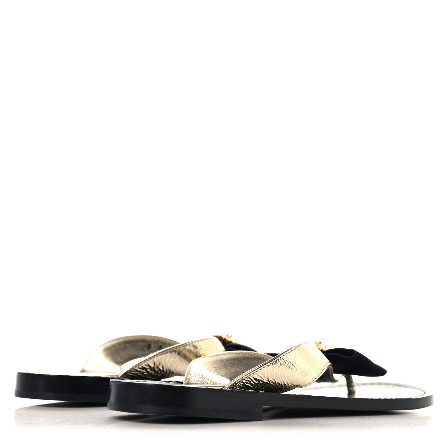Metallic Laminated Goatskin Grosgrain Bow Pearl Thong Sandals 37 Gold