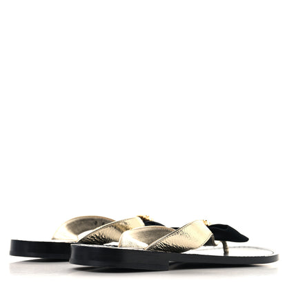 Chanel Metallic Laminated Goatskin Grosgrain Bow Pearl Thong Sandals 37 Gold 5 of 8