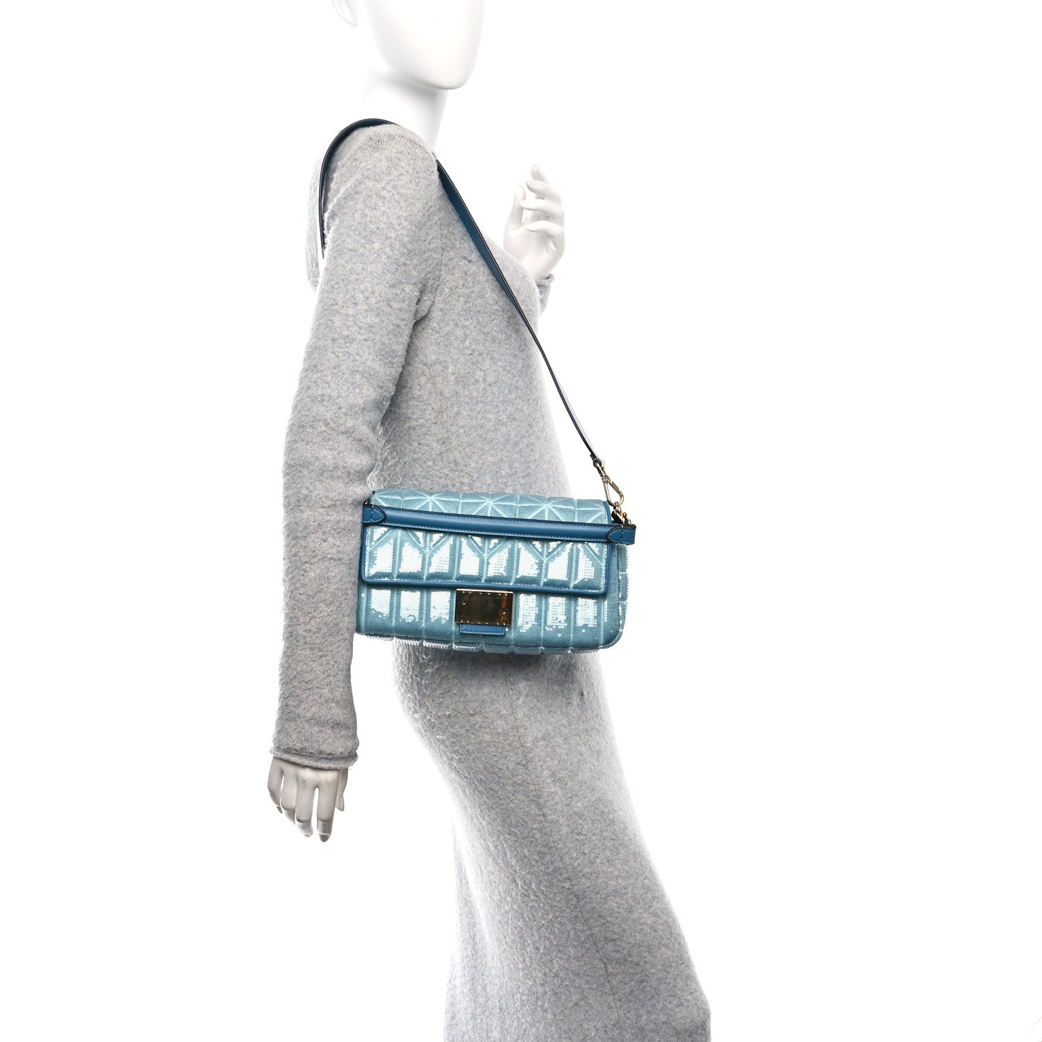 Fendi Satin Vitello King Sequin Baguette Blue 2 of 9