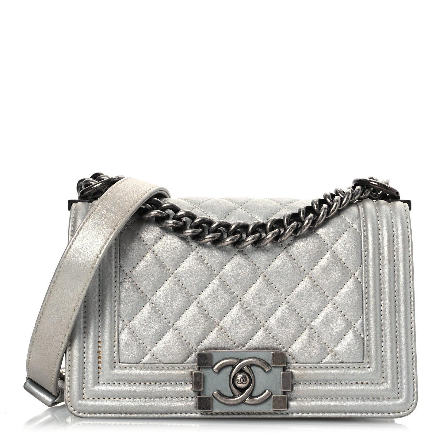 Metallic Lambskin Quilted Small Boy Flap Silver