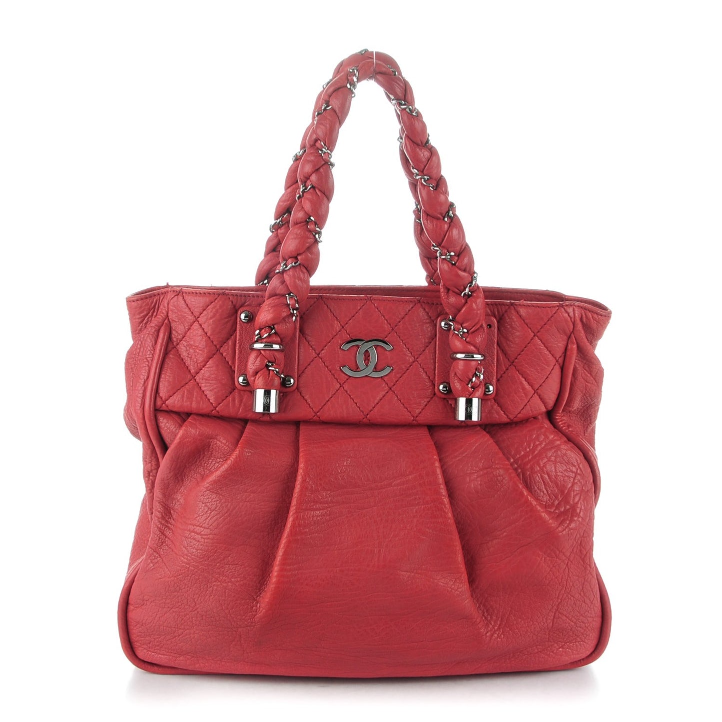 Distressed Lambskin Lady Braid Tote Red