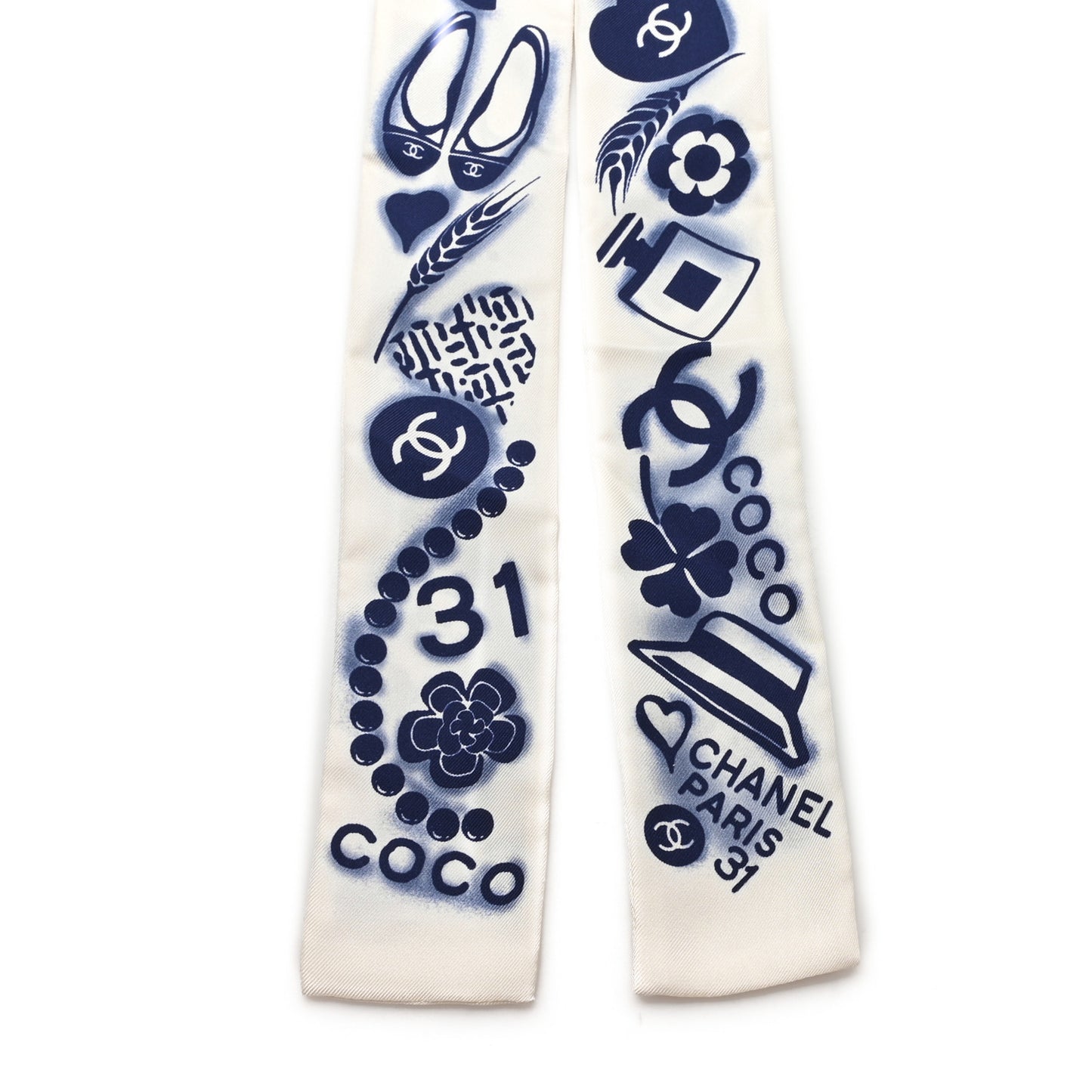 Silk CC Slim Bandeau Scarf White Blue