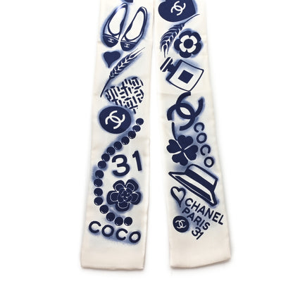 Chanel Silk CC Slim Bandeau Scarf White Blue 2 of 3