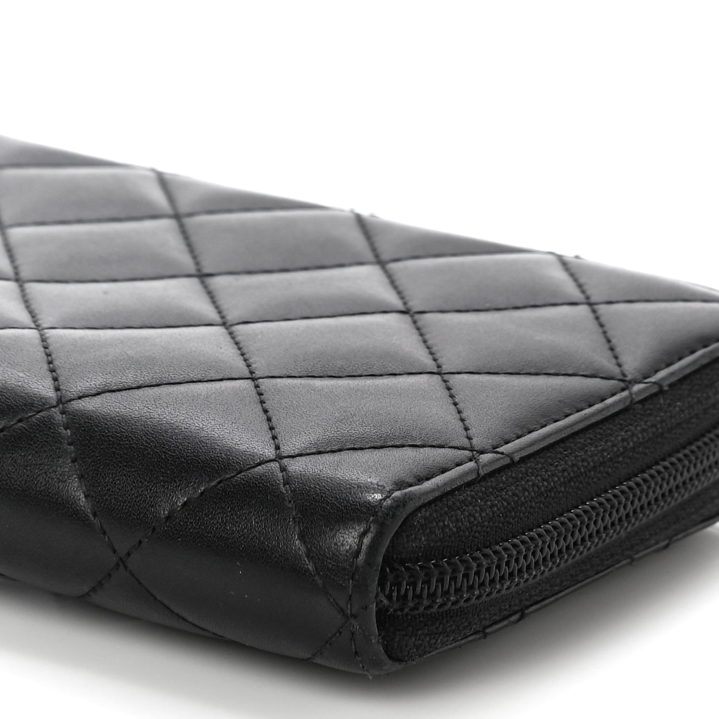Calfskin Quilted Cambon Large Gusset Zip Around Wallet Black
