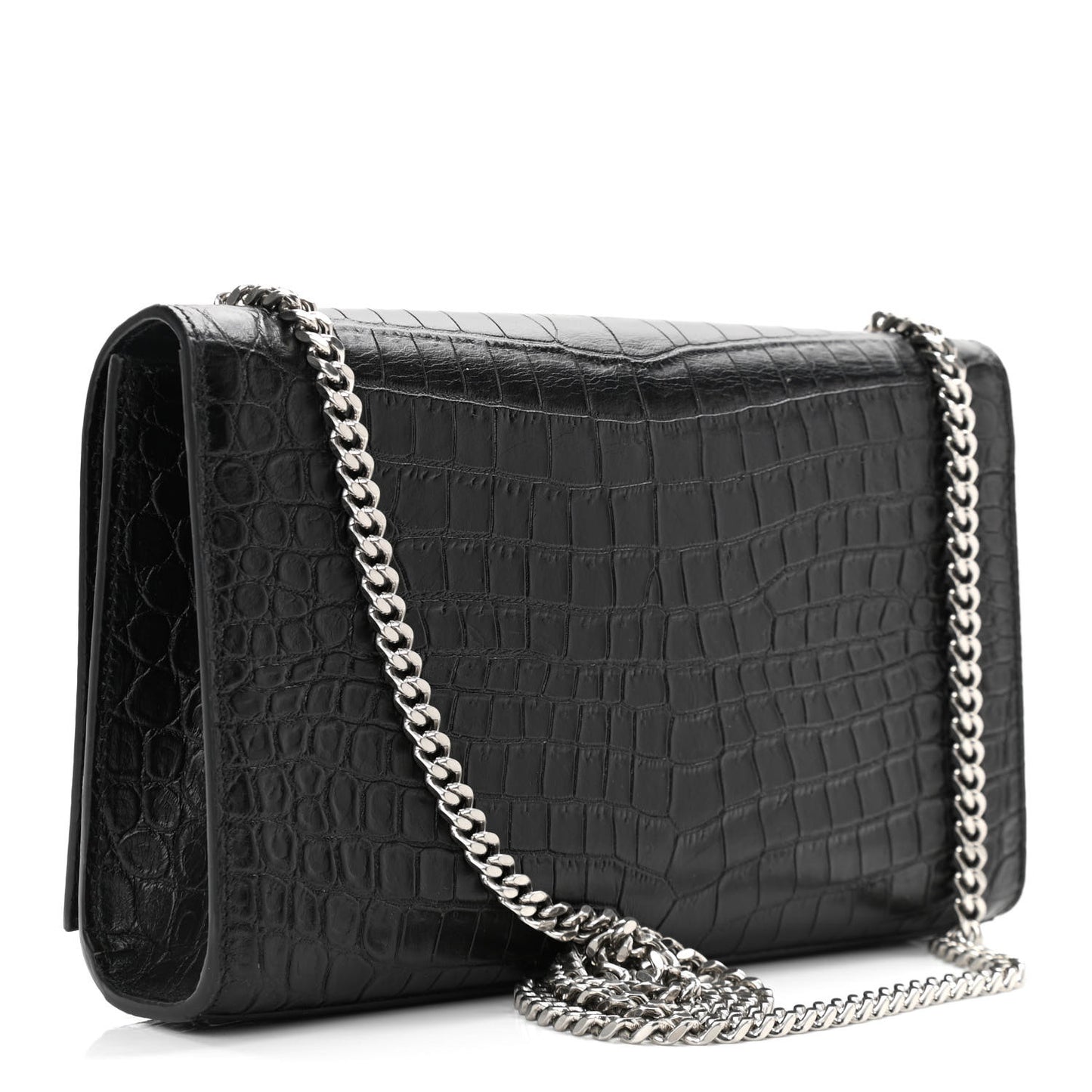 Calfskin Crocodile Embossed Medium Classic Monogram Kate Tassel Satchel Black