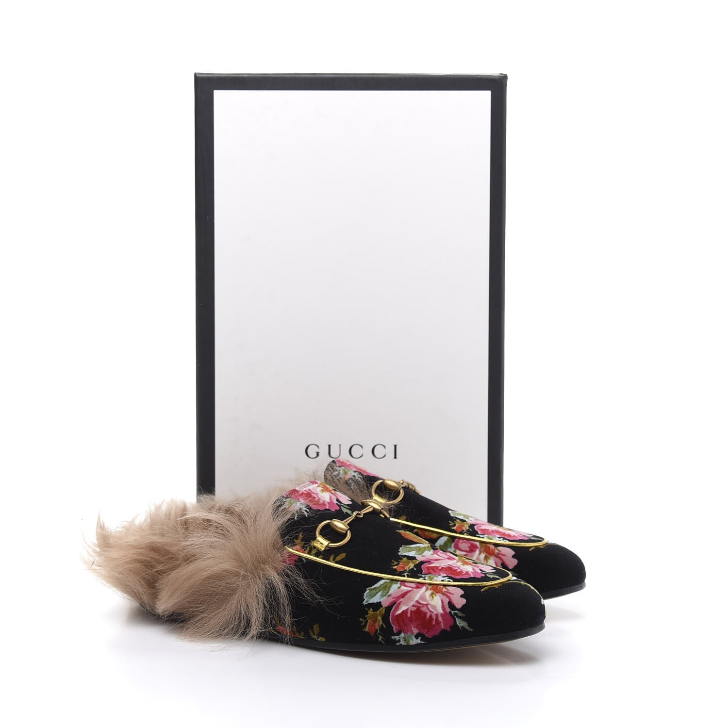 Gucci Velvet Fur Floral Womens Princetown Slippers 37 Black 8 of 8