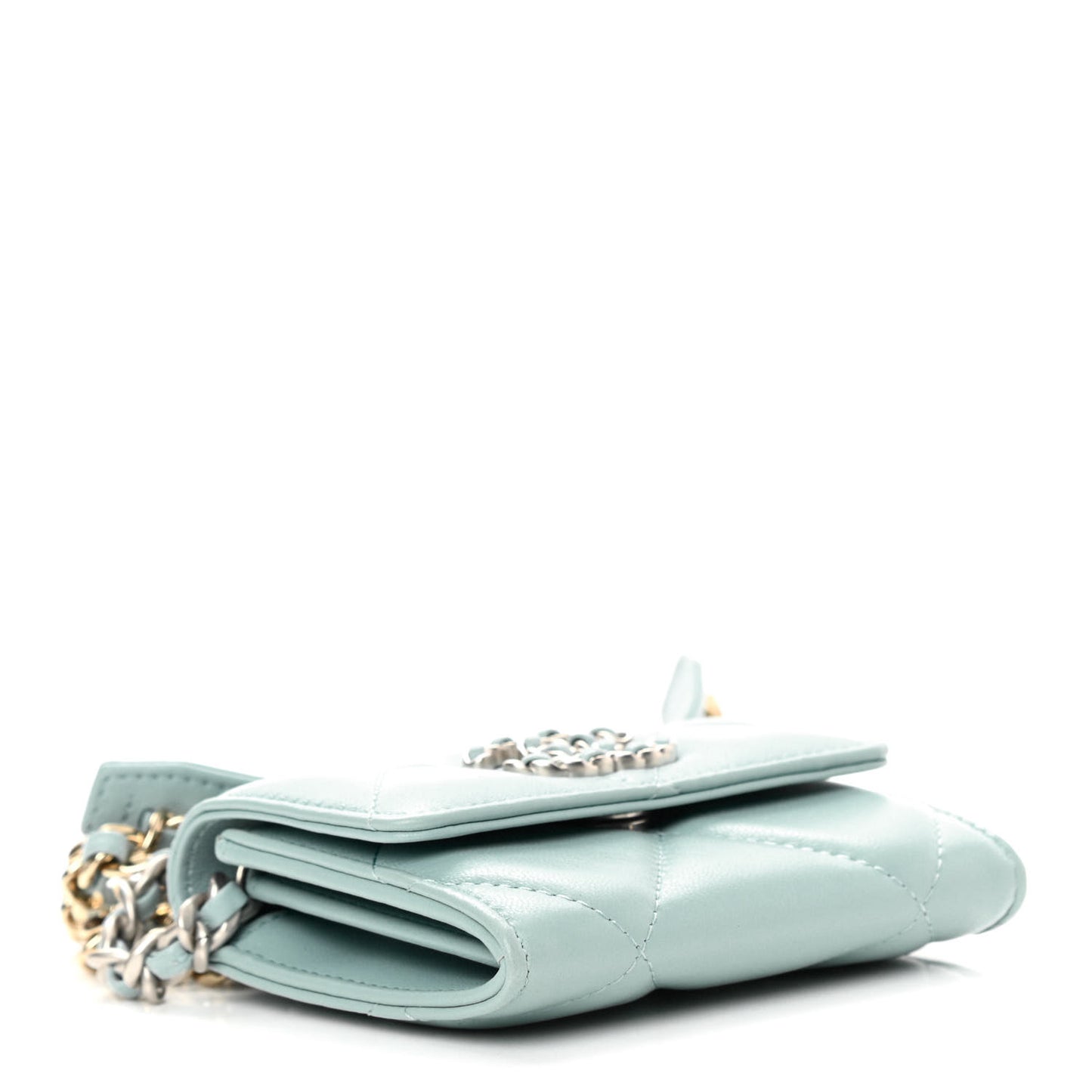 Lambskin Quilted Chanel 19 Flap Coin Purse With Chain Light Blue