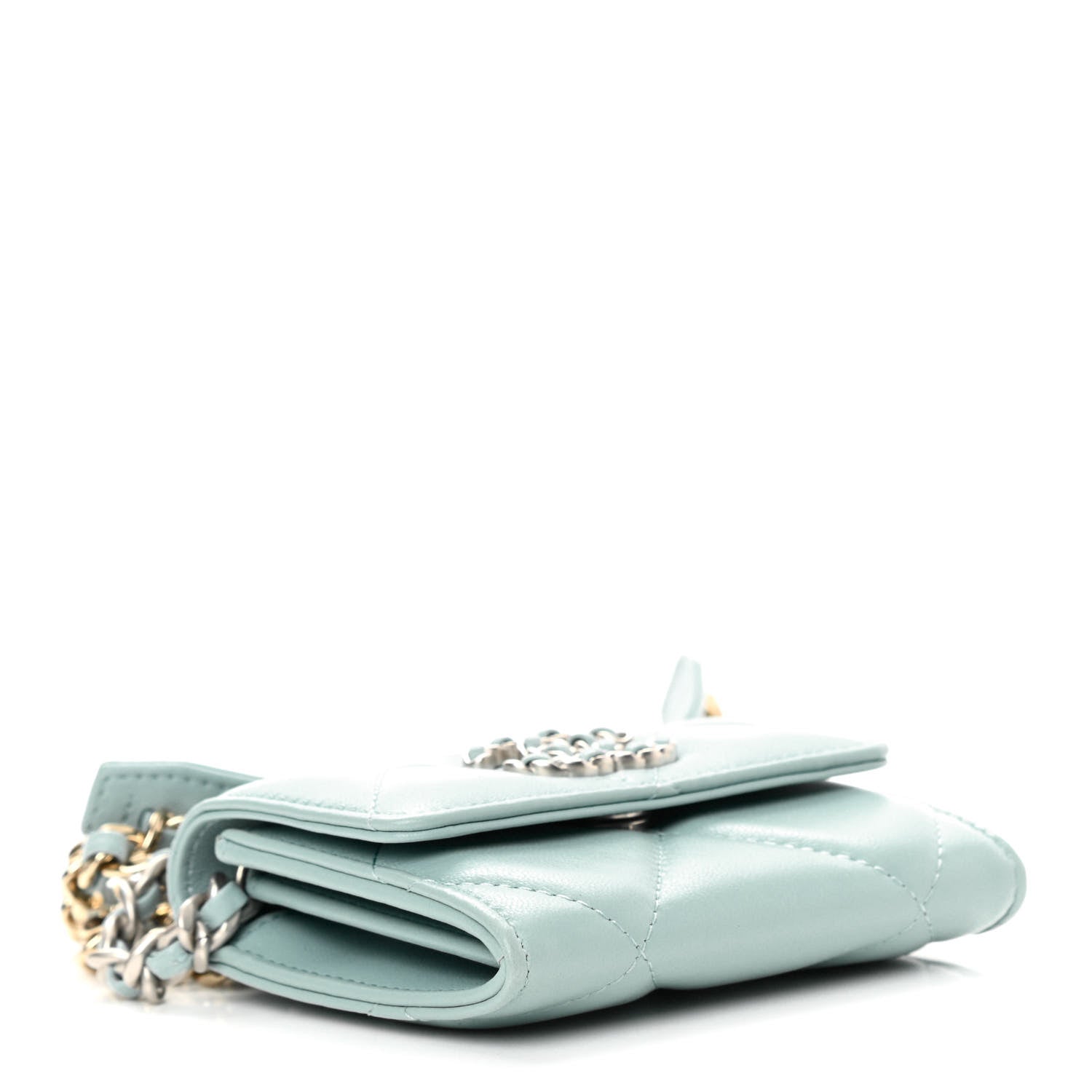 Chanel Lambskin Quilted Chanel 19 Flap Coin Purse With Chain Light Blue 4 of 13