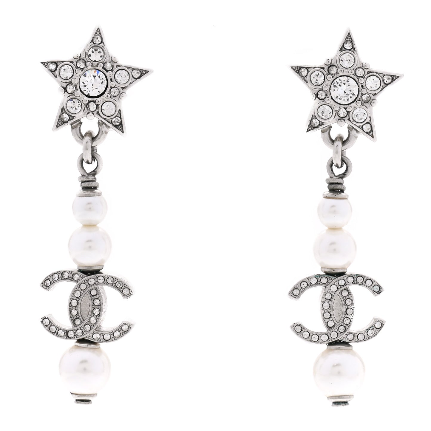 Crystal Pearl CC Star Drop Earrings Silver