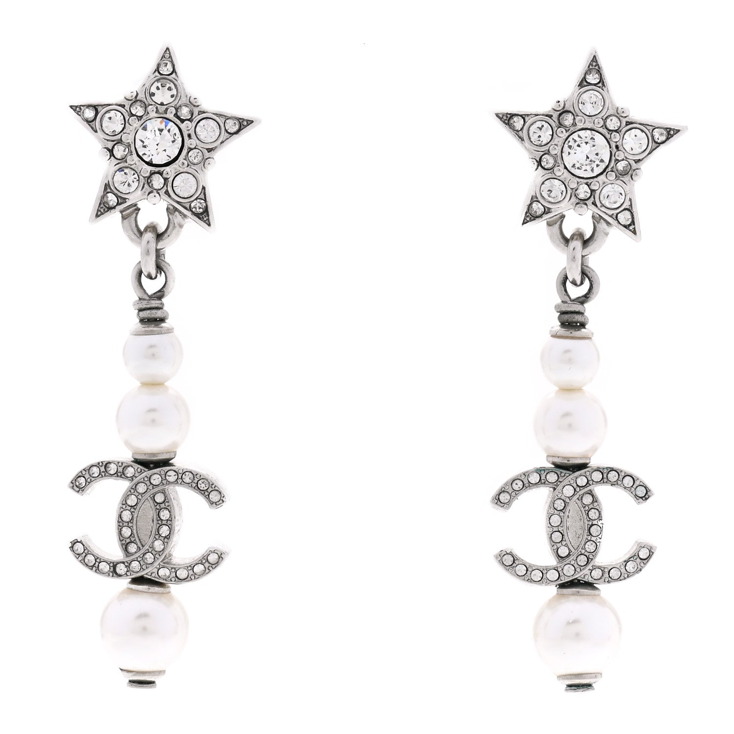 Chanel Crystal Pearl CC Star Drop Earrings Silver 1 of 5