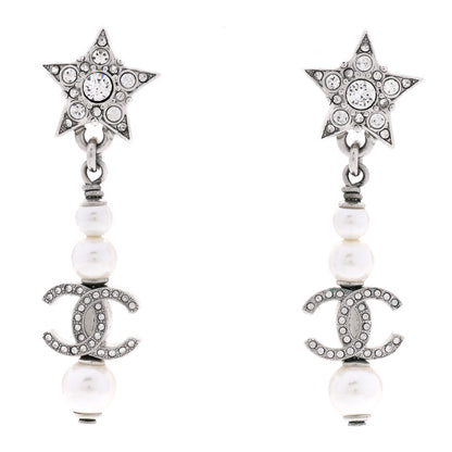 Chanel Crystal Pearl CC Star Drop Earrings Silver 1 of 5