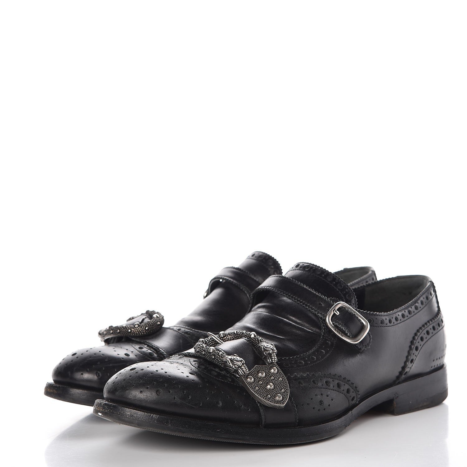 Gucci Calfskin Bee Embroidered Mens Queercore Brogue Wingtip Monk Strap Loafers 7.5 Black 3 of 17
