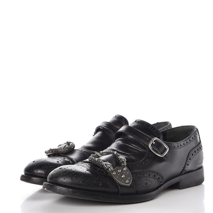 Gucci Calfskin Bee Embroidered Mens Queercore Brogue Wingtip Monk Strap Loafers 7.5 Black 3 of 17