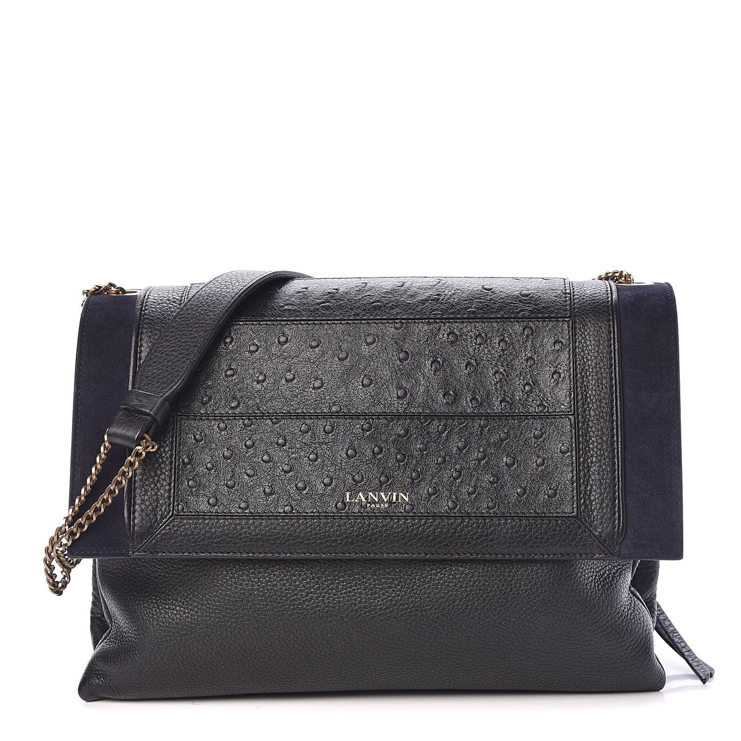 Ostrich Calfskin Embossed Medium Sugar Flap Shoulder Bag Black Blue