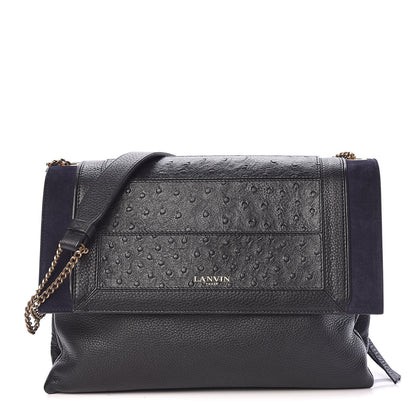 Lanvin Ostrich Calfskin Embossed Medium Sugar Flap Shoulder Bag Black Blue 1 of 14
