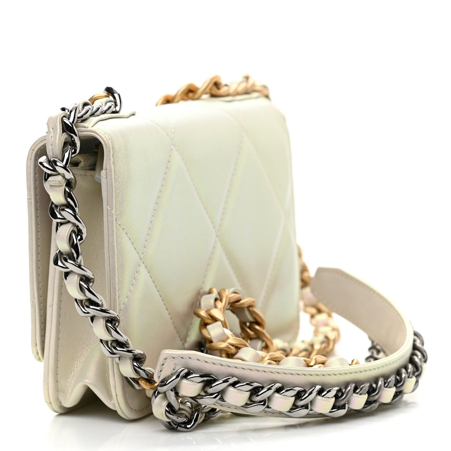 Iridescent Calfskin Quilted Chanel 19 Wallet On Chain WOC White