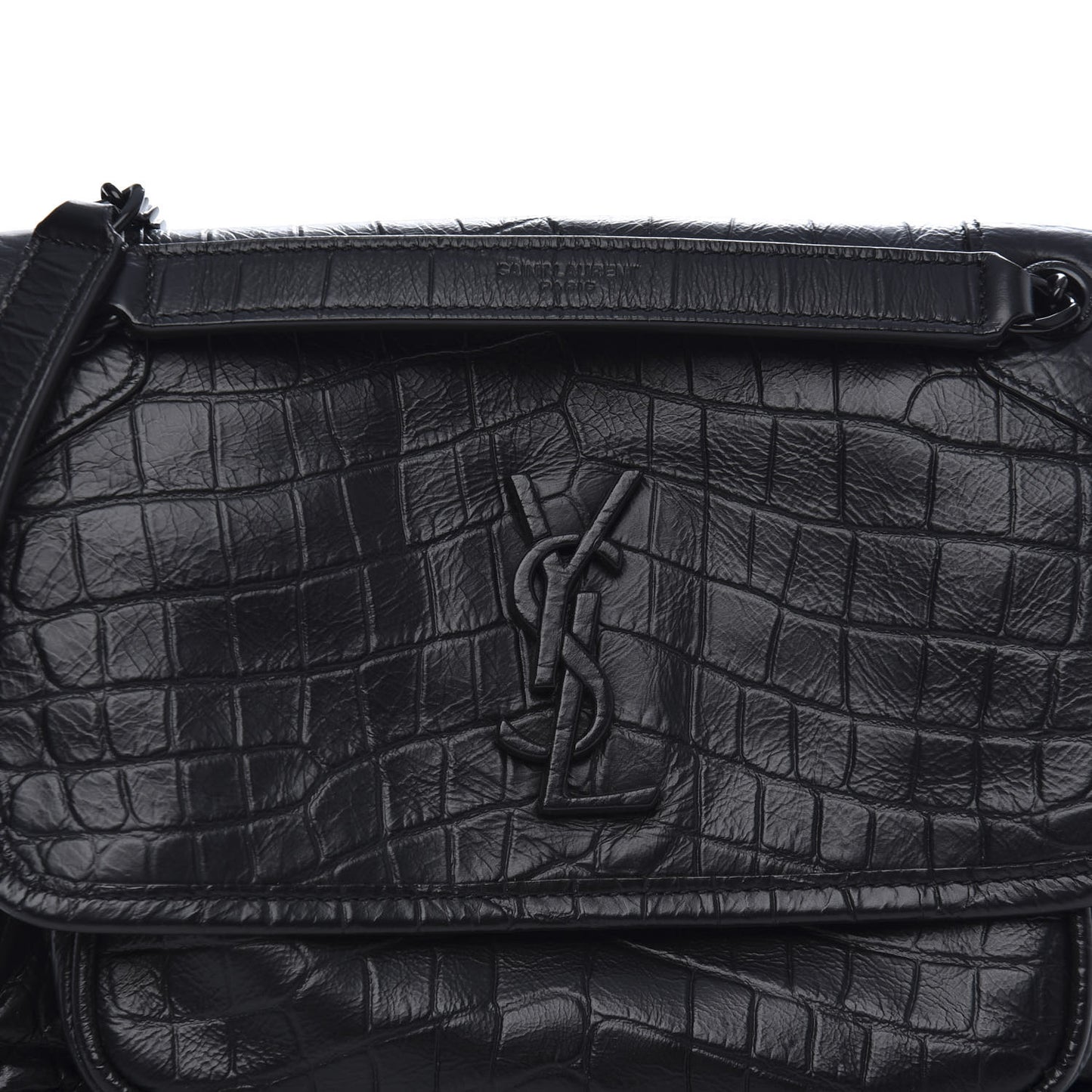 Calfskin Crocodile Embossed Matelasse Monogram Baby Niki Chain Satchel Black