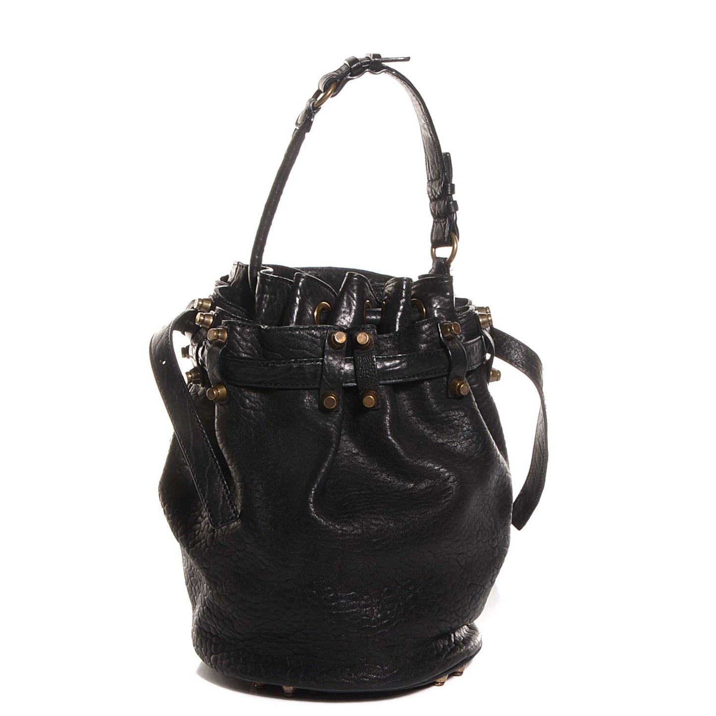 Pebbled Lambskin Diego Bucket Bag Black Antique Brass Hardware