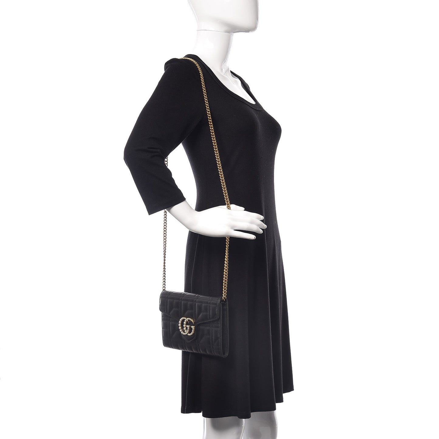 Calfskin Matelasse Mini Pearly GG Marmont Chain Wallet Black