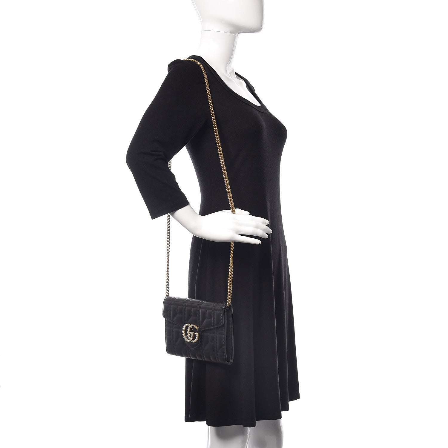 Gucci Calfskin Matelasse Mini Pearly GG Marmont Chain Wallet Black 2 of 7
