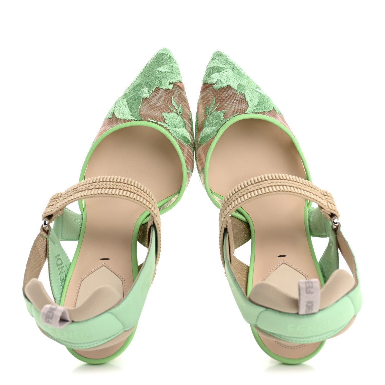 Fendi Mesh Vitello Floral Embroidered Colibri Lite 85mm Slingback Pumps 37 Edamame 2 of 10