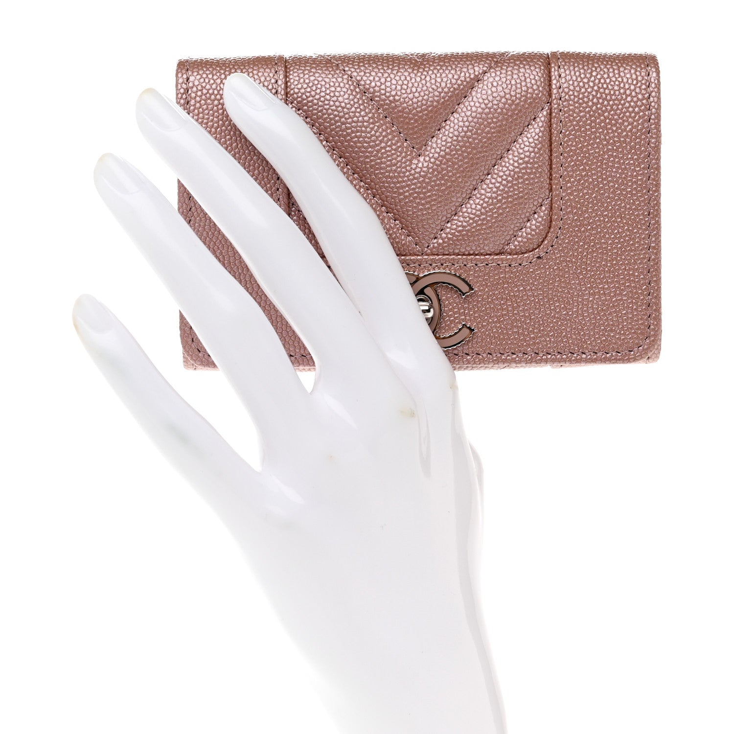 Chanel Metallic Caviar Chevron Quilted Vintage Mademoiselle Flap Card Holder Pink 2 of 8