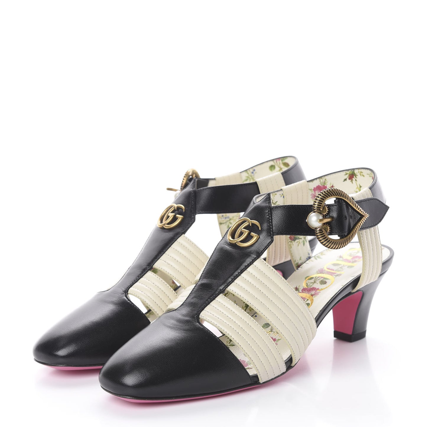Malaga Kid T-Strap Mid Heel Sandals 36 Black White