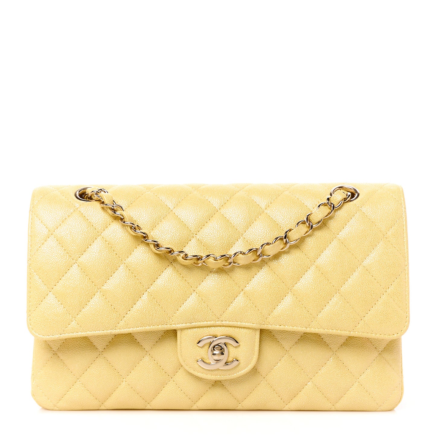 Iridescent Caviar Quilted Medium Double Flap Yellow